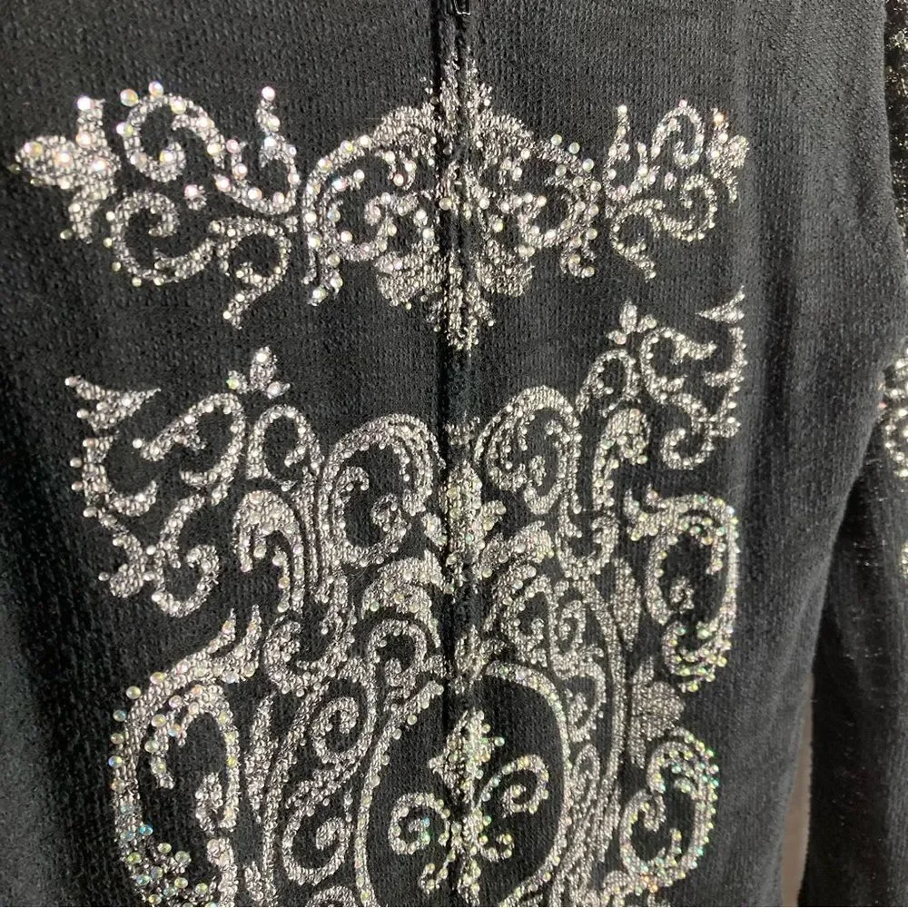 Vocal Black Rhinestone Embellished Zip Up Lightweight Cardigan Top Medium Y2K